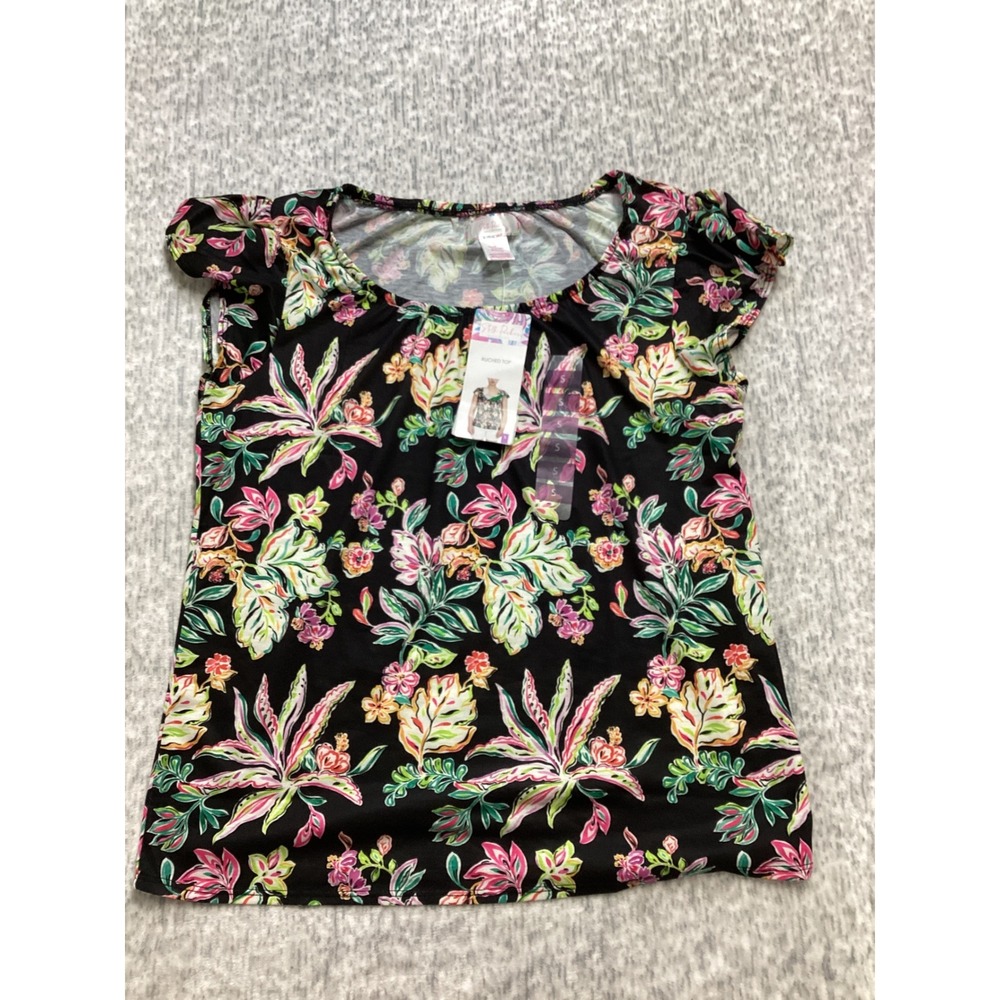 Stella Parker Collection Ruched Top Small Black‎ Floral Tropical Flutter NWT